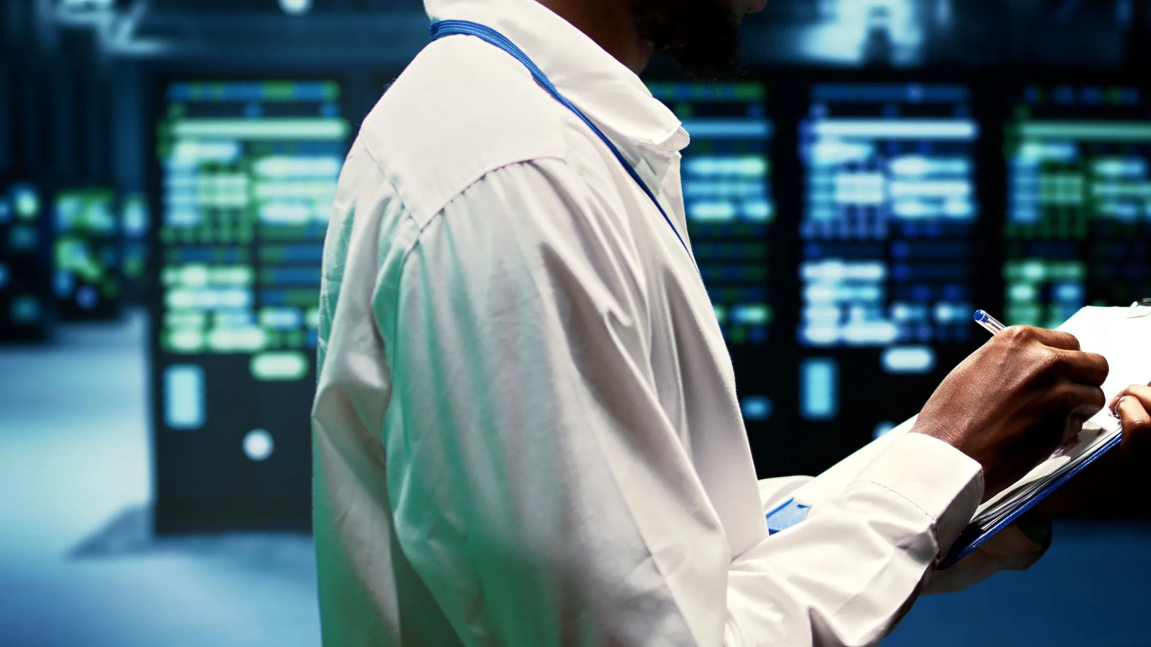 ISO 14001 environmental manager inspector examining AI data center with servers and cooling systems highlighting energy use, water consumption, and sustainability challenges.