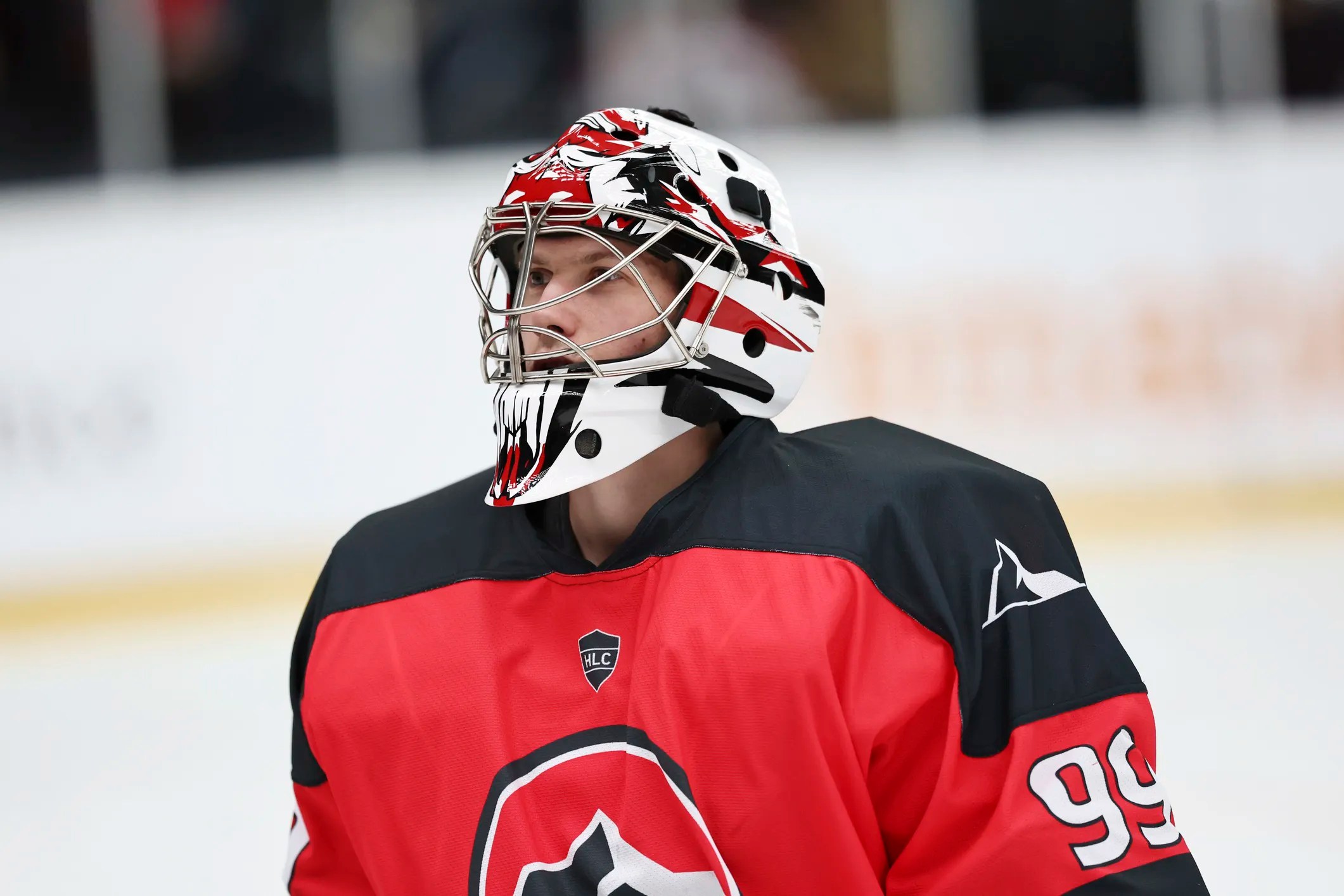 Ice hockey helmet worn by a player demonstrating protective design covered by CSA Z262.1 safety standard.