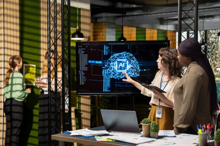 Conformity assessment professionals reviewing AI adoption trends and accreditation policies in a digital workspace.