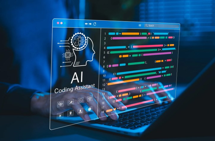 Software developer working with AI-powered coding assistant on a laptop, showing code generation and automation in modern software development workflow.