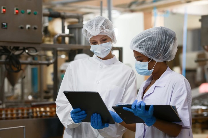 Two inspectors evaluating a food manufacturing facility, reviewing equipment and processes to ensure compliance with safety and quality standards.