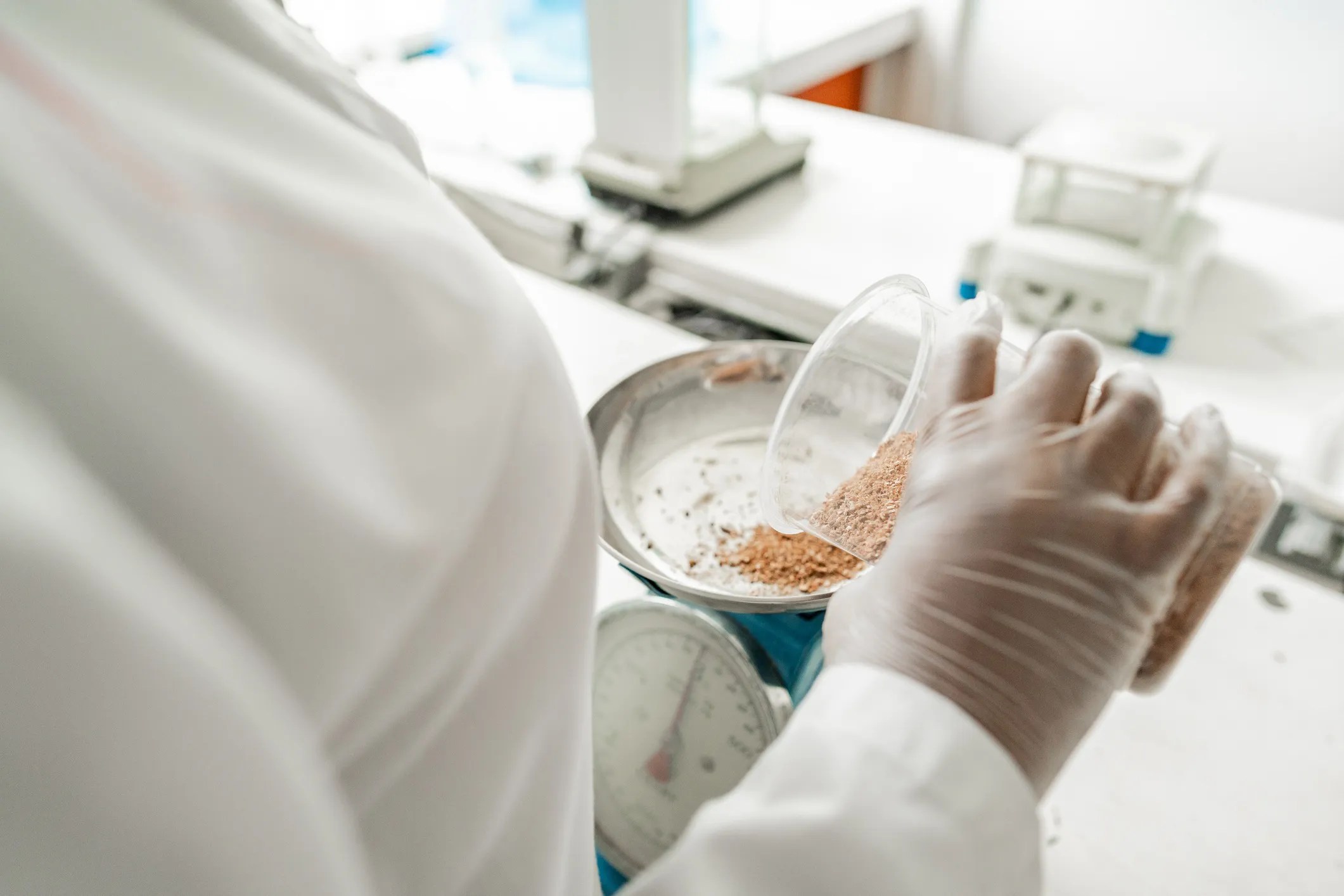 Lab researcher inspecting protein powder to assure food safety and adherence to NSF/ANSI 173 for certification and quality compliance.
