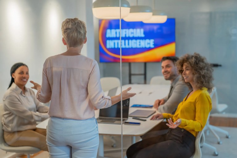 Professionals analyzing certification data with AI tools, highlighting skills-based hiring and modern credentialing trends.