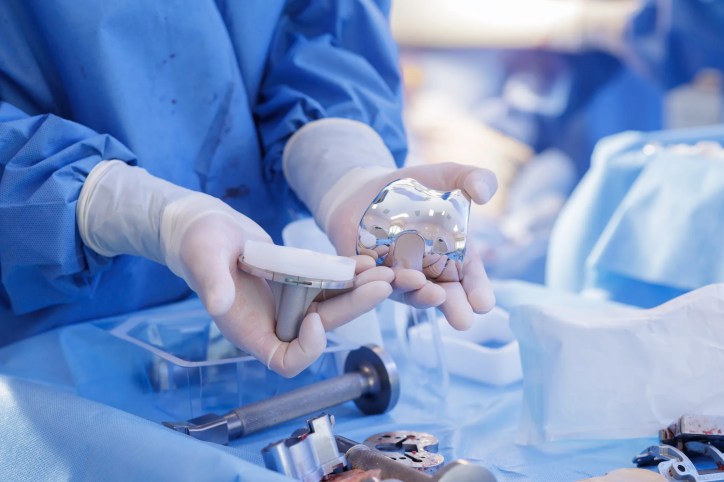 Medical implant (knee replacement) interacting with surrounding tissue, highlighting biocompatibility testing and local tissue response evaluation per ISO 10993-6:2026.