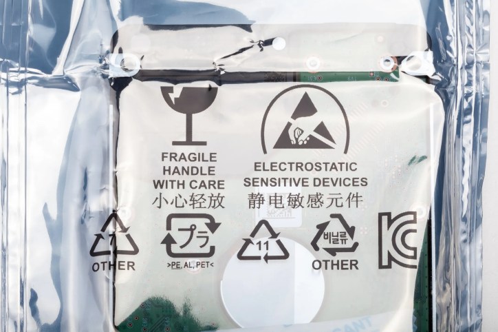 Silver transparent antistatic bag for electronics storage that adheres to ANSI/ESD S541-2026.
