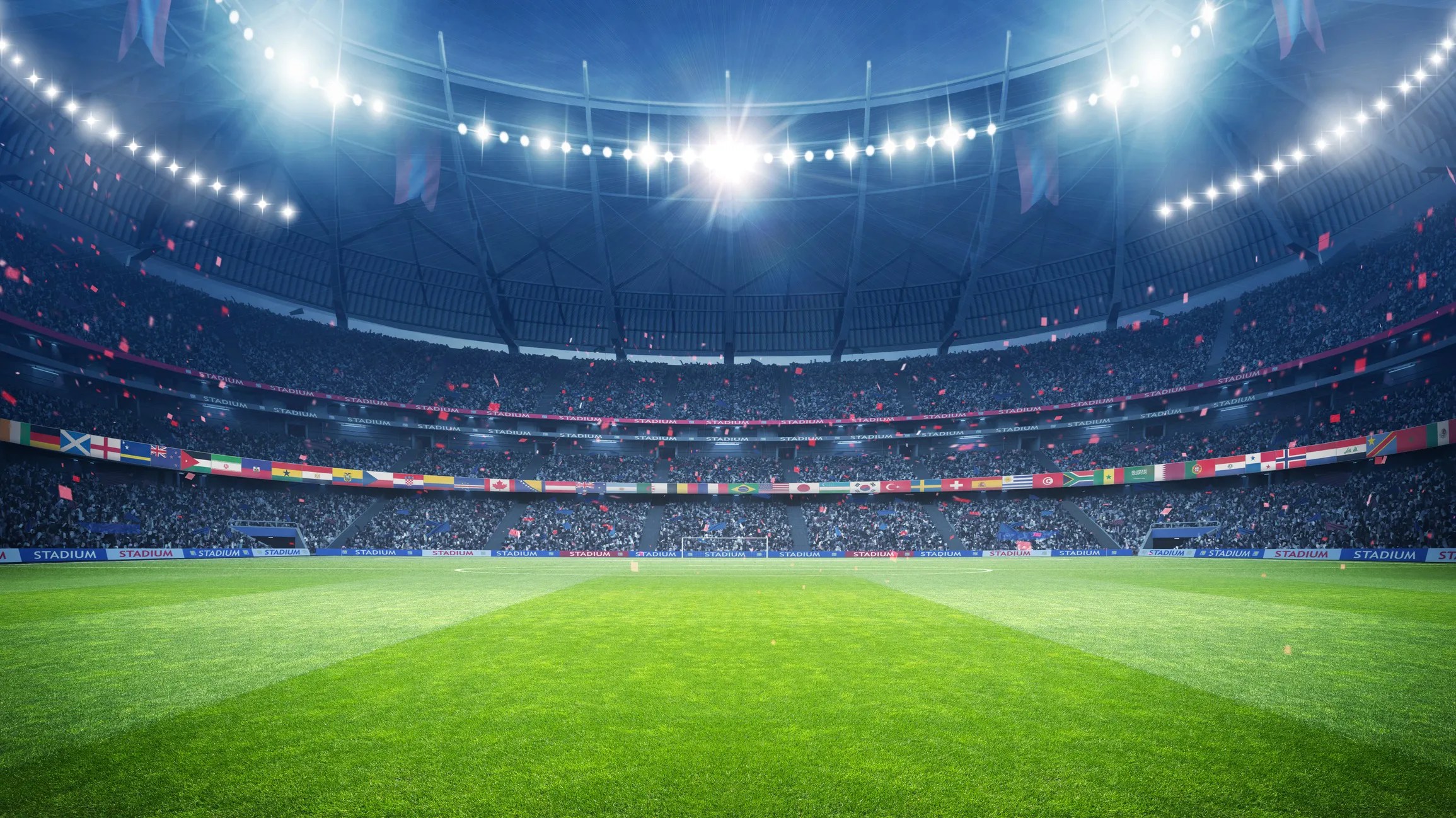 Modern FIFA World Cup stadium featuring solar panels, energy-efficient lighting, and sustainable design technologies that support ISO 14001 and ISO 50001 environmental and energy management practices.