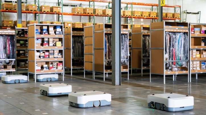 Industrial mobile robot operating in a warehouse, illustrating ANSI/A3 R15.08-3-2026 safety requirements for IMR applications.