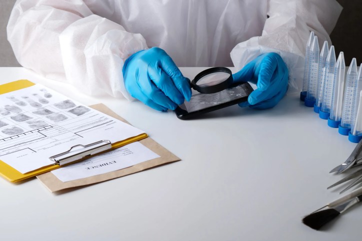 Forensic examiner reviewing evidence while exploring the eight sources of cognitive bias in forensic decision making.