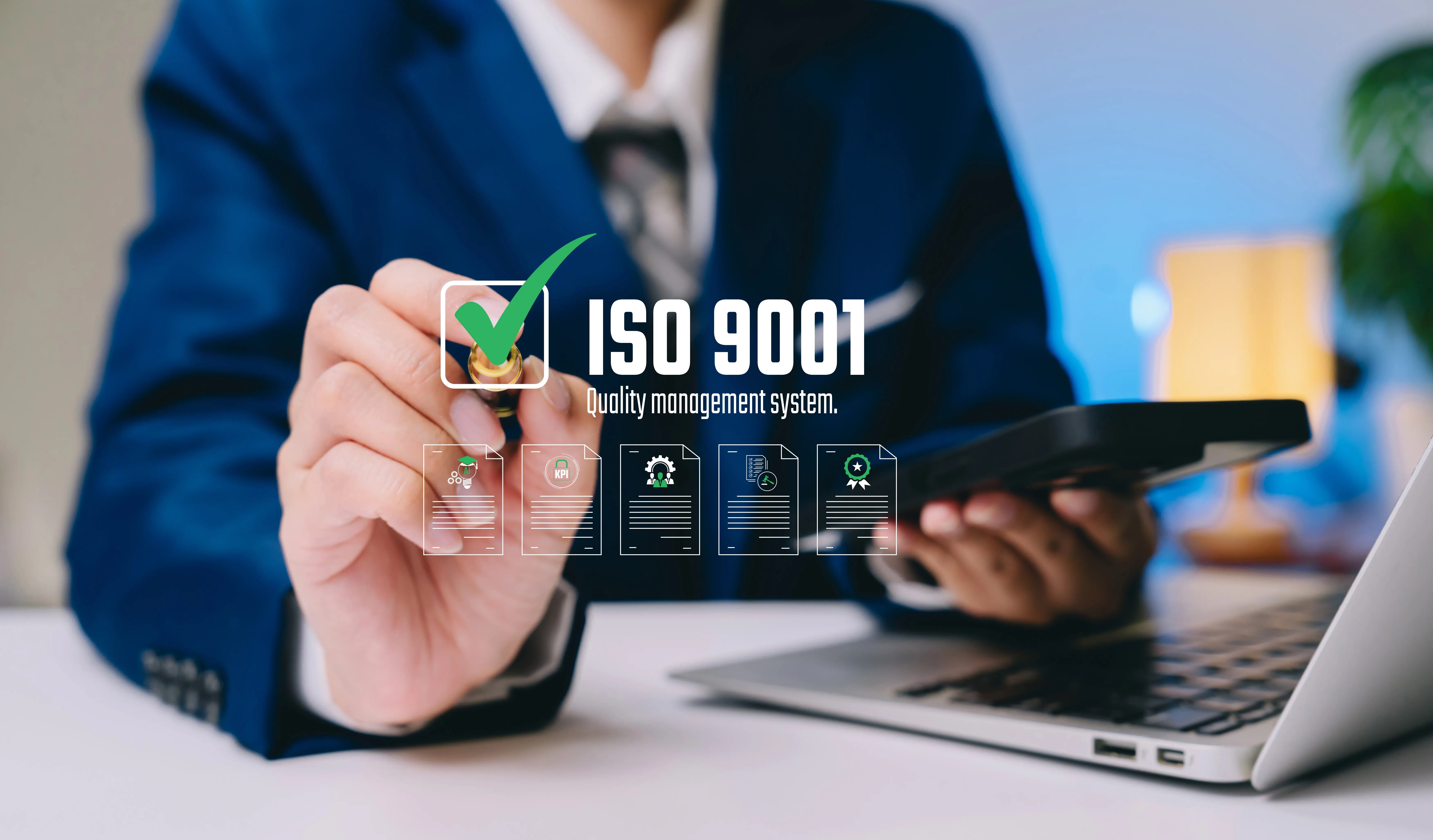 ISO 9001:2026 quality management system graphic highlighting quality management, process improvement, customer satisfaction, risk management, and business performance.