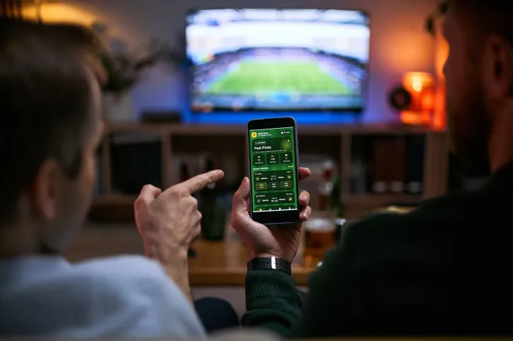 Two friends watching a live sports game and viewing real-time sports statistics on an iPhone, highlighting AI-powered fan engagement and ISO/IEC 42001:2023 AI management systems.